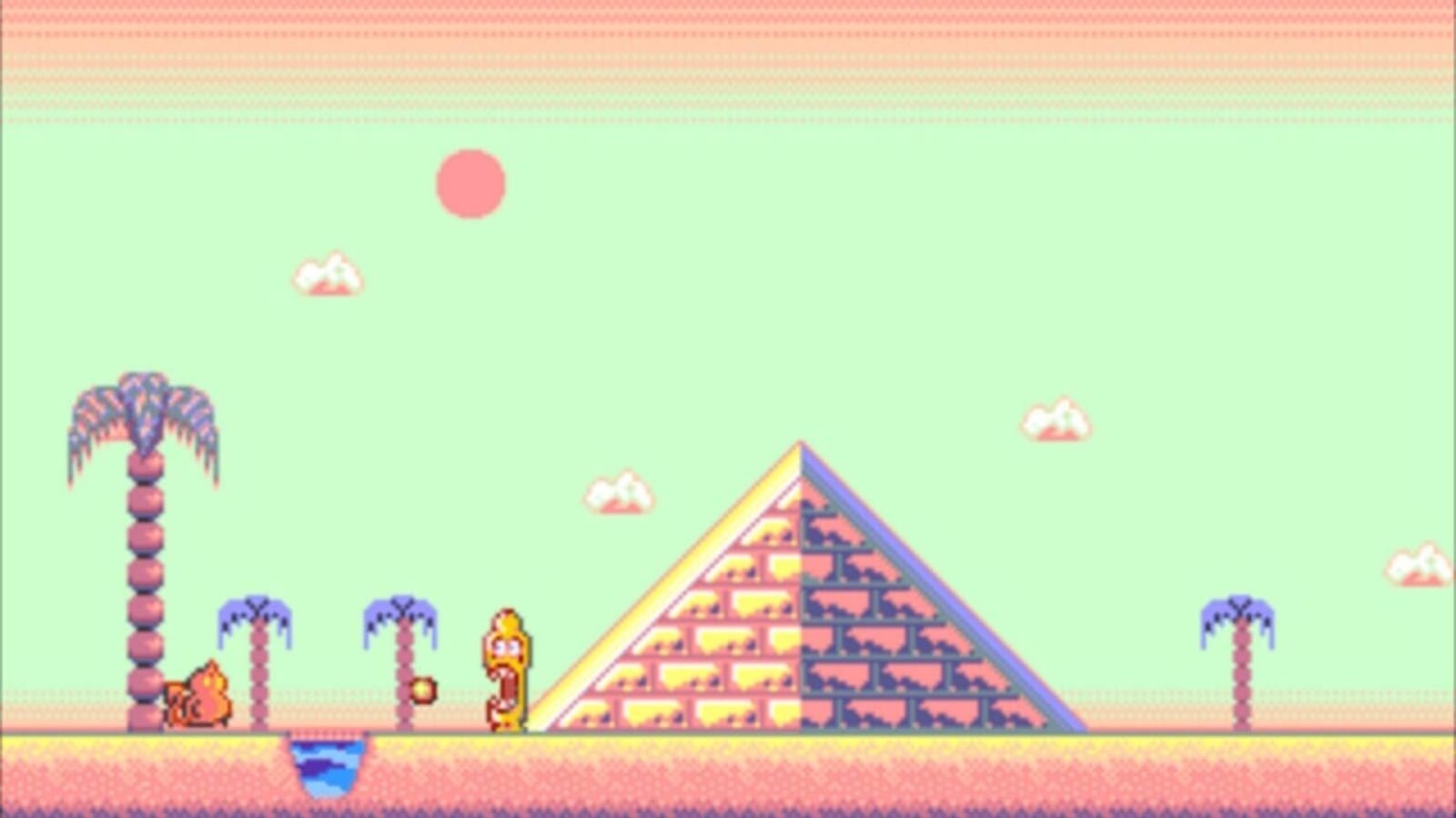 Pixel art de paisagem desértica com pirâmide ao fundo, palmeiras de folhas roxas e pequeno lago. Dois personagens: figura amarela de boca aberta e criatura marrom menor. Céu verde pastel com sol rosa e nuvens brancas.