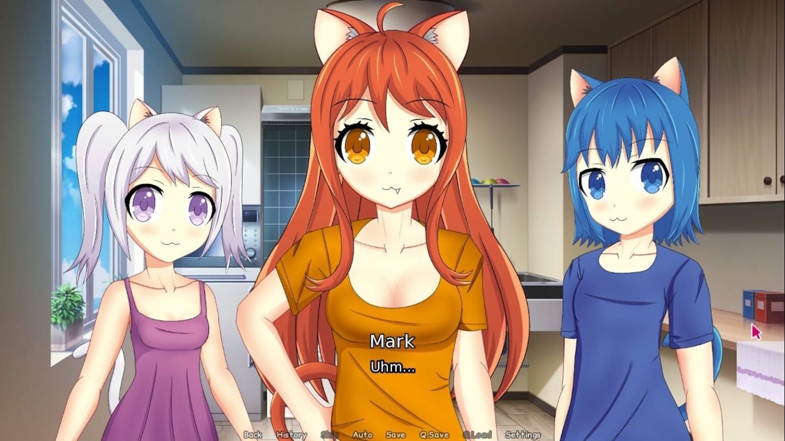 Cena anime em cozinha moderna com três personagens de orelhas e caudas de gato: figura de cabelo laranja ao centro, personagem de cabelo branco à esquerda e personagem de cabelo azul à direita.