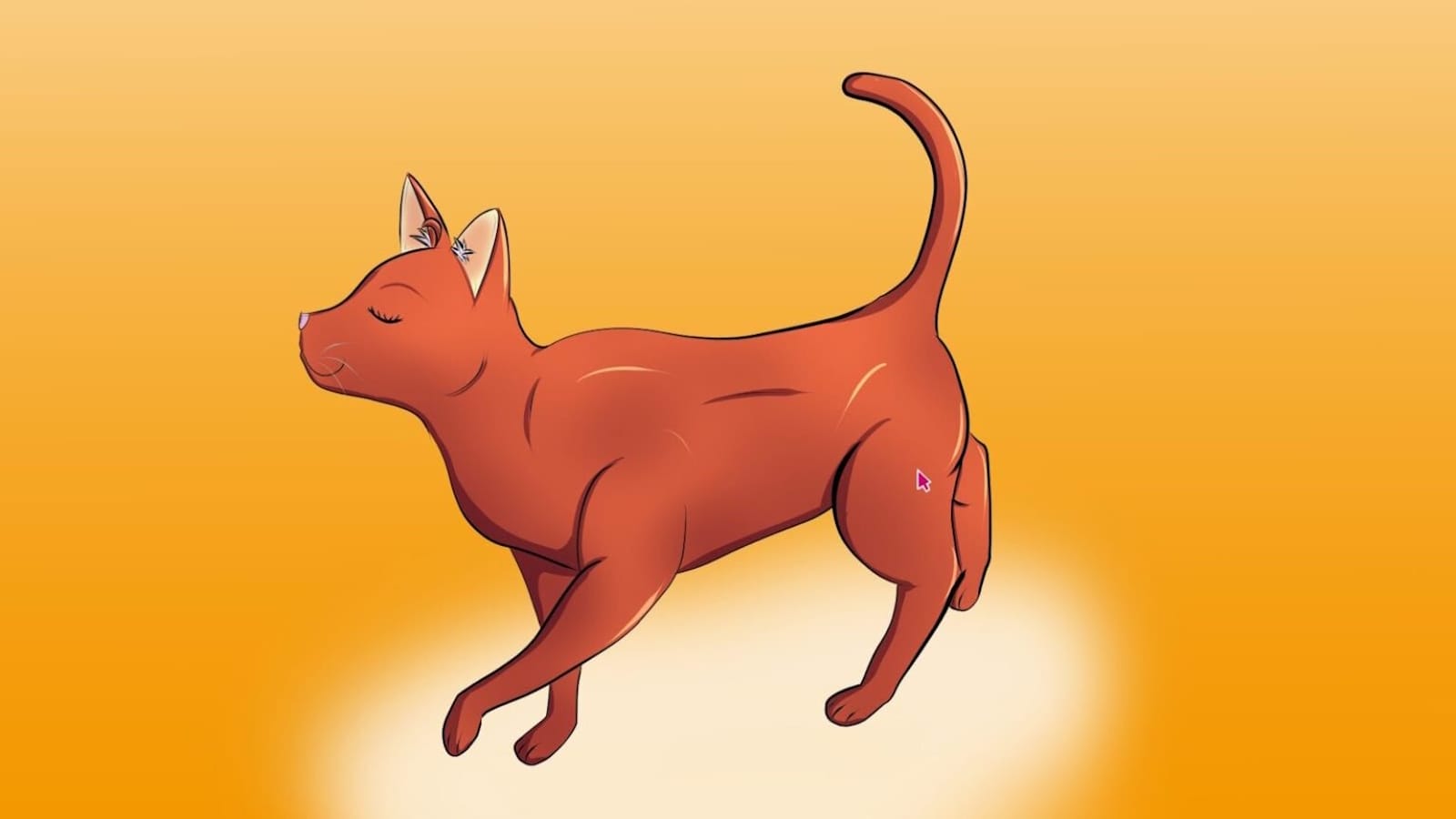 Gato marrom‑avermelhado caminhando com cauda erguida e olhos fechados sobre fundo em degradê de tons quentes de laranja. Estilo simples e suave.