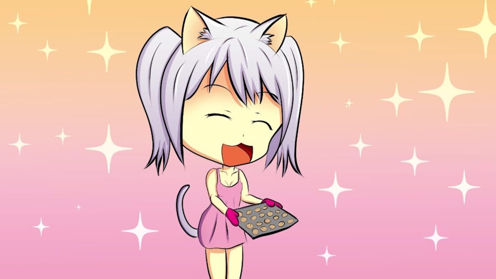 Personagem chibi com orelhas e cauda de gato, cabelo lilás em maria‑chiquinhas e vestido rosa, segurando bandeja com cookies. Fundo em degradê laranja‑rosa com estrelas brancas brilhantes.