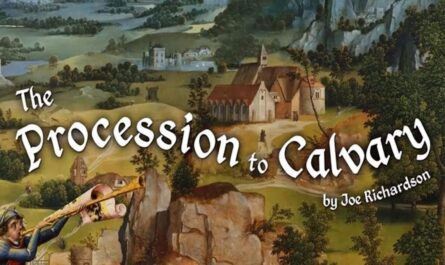 Paisagem em estilo medieval com colinas, árvores e construções religiosas ao fundo. No primeiro plano, figura em armadura toca trombeta longa. Texto ‘The Procession to Calvary by Joe Richardson’ aparece sobre a imagem.