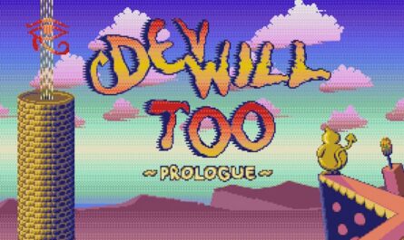 Cena em pixel art com título ‘DEVWILL TOO – PROLOGUE’. Céu em degradê com nuvens rosas e montanhas roxas ao fundo. À esquerda, torre cilíndrica amarela com símbolo vermelho brilhante no topo; à direita, personagem amarelo com cauda sobre plataforma triangular olhando para a torre.