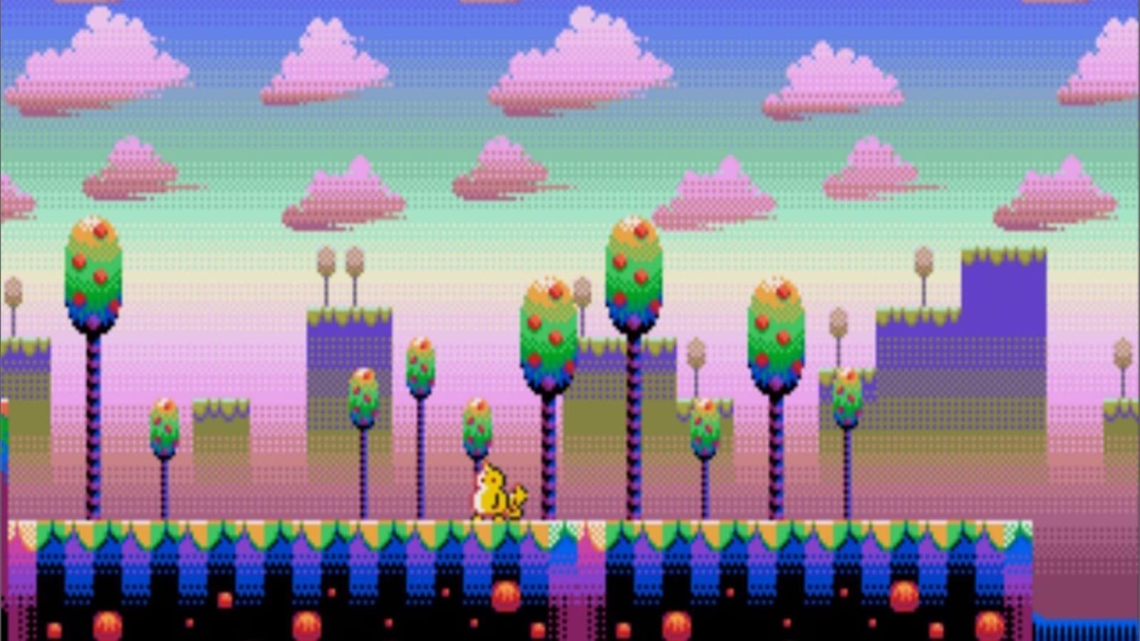 Pixel art com personagem amarelo sobre plataforma de grama e blocos azuis. Fundo com árvores de troncos multicoloridos e copas verdes com pontos vermelhos, colinas roxas e céu em degradê azul‑rosa‑verde com nuvens pixeladas.