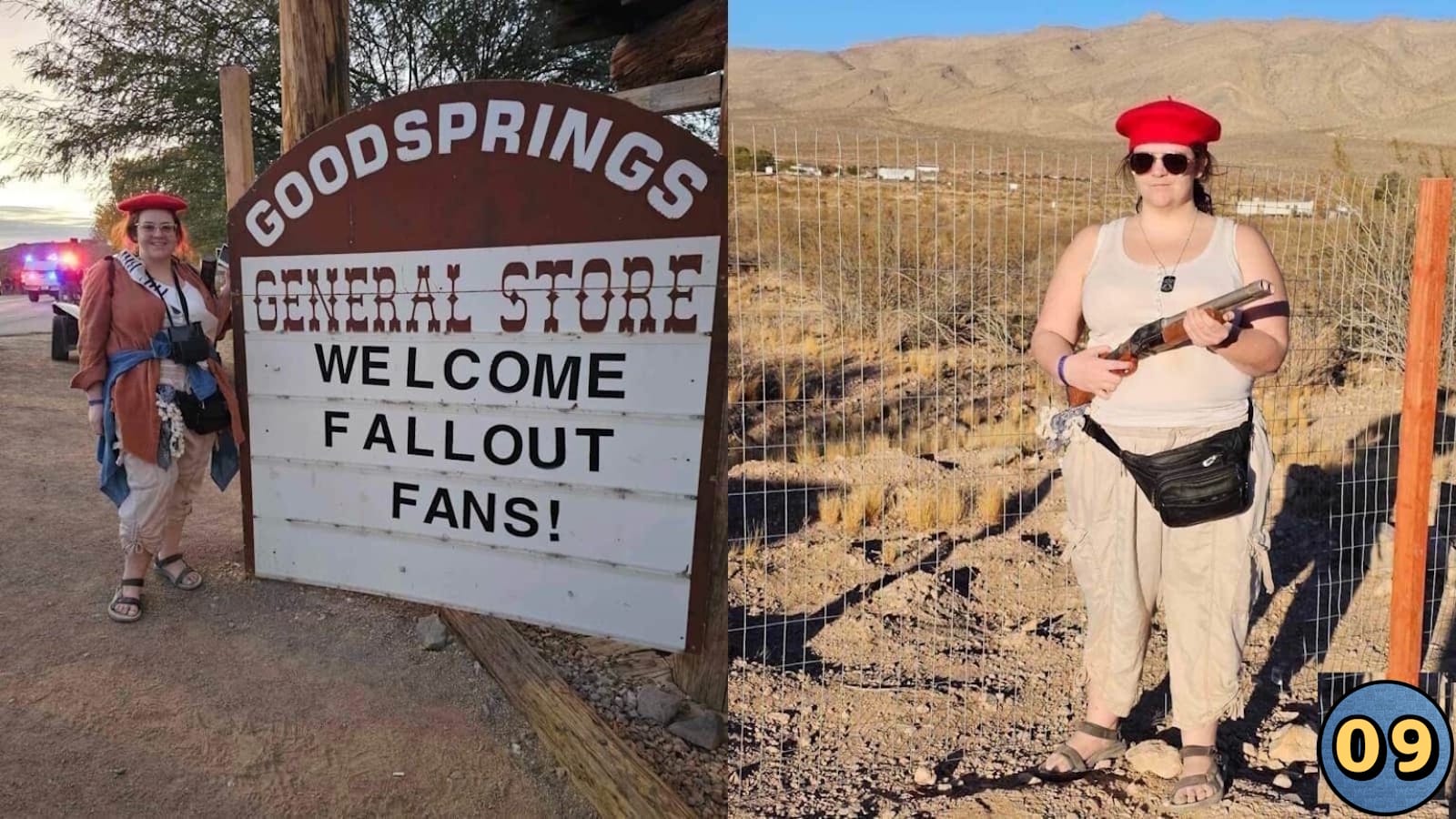 Imagem dividida em duas partes. À esquerda, pessoa com boina vermelha, óculos e roupas em camadas ao lado de placa de madeira ‘Goodsprings General Store – Welcome Fallout Fans!’ com luzes ao fundo. À direita, mesma pessoa em área desértica com montanhas, usando boina vermelha, óculos escuros, regata clara, calças bege e segurando espingarda cenográfica.