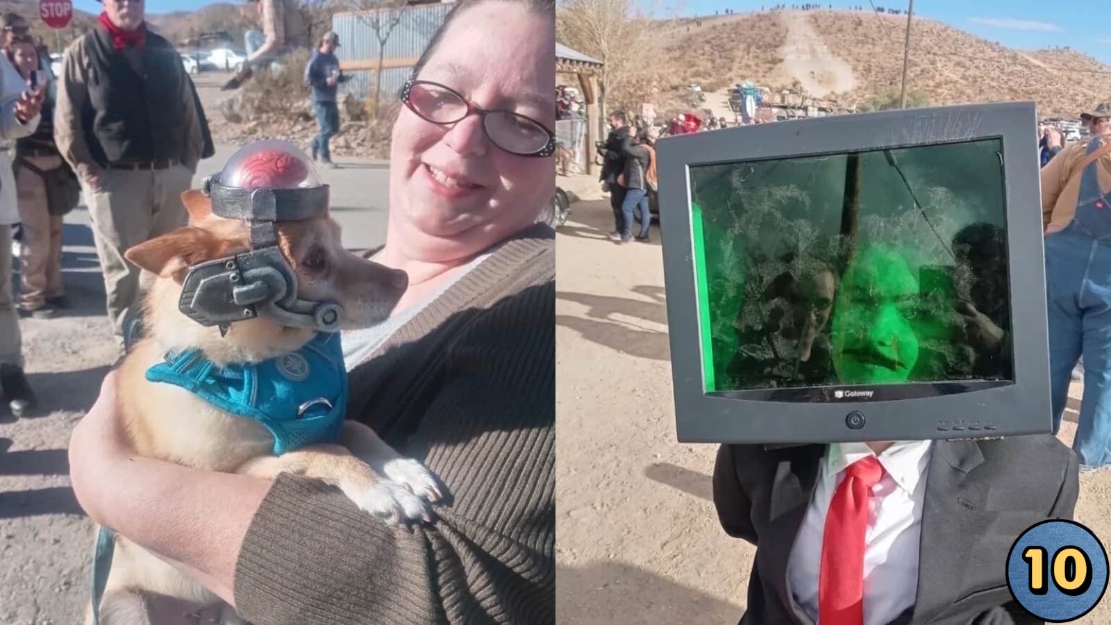 Imagem dividida em duas partes. À esquerda, pessoa segurando cachorro usando capacete metálico com cúpula transparente e cérebro falso, criando visual ciborgue; cenário externo ensolarado com pessoas ao fundo. À direita, indivíduo de terno e gravata vermelha com monitor Gateway sobre a cabeça, tela refletindo luz verde; fundo com colinas, pessoas e estruturas.