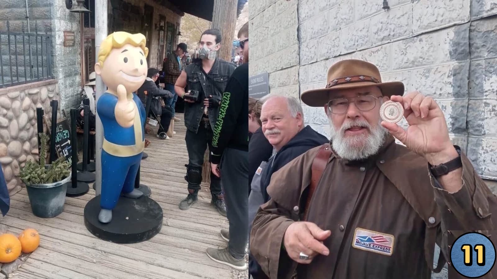 Imagem dividida em duas partes. À esquerda, estátua do Vault Boy em macacão azul fazendo gesto de positivo sobre deck de madeira, com abóboras e pessoas ao redor. À direita, pessoa de casaco marrom e chapéu largo ergue medalhão circular; casaco tem patch ‘Mojave Express’. Duas pessoas ao fundo perto de parede de pedra.