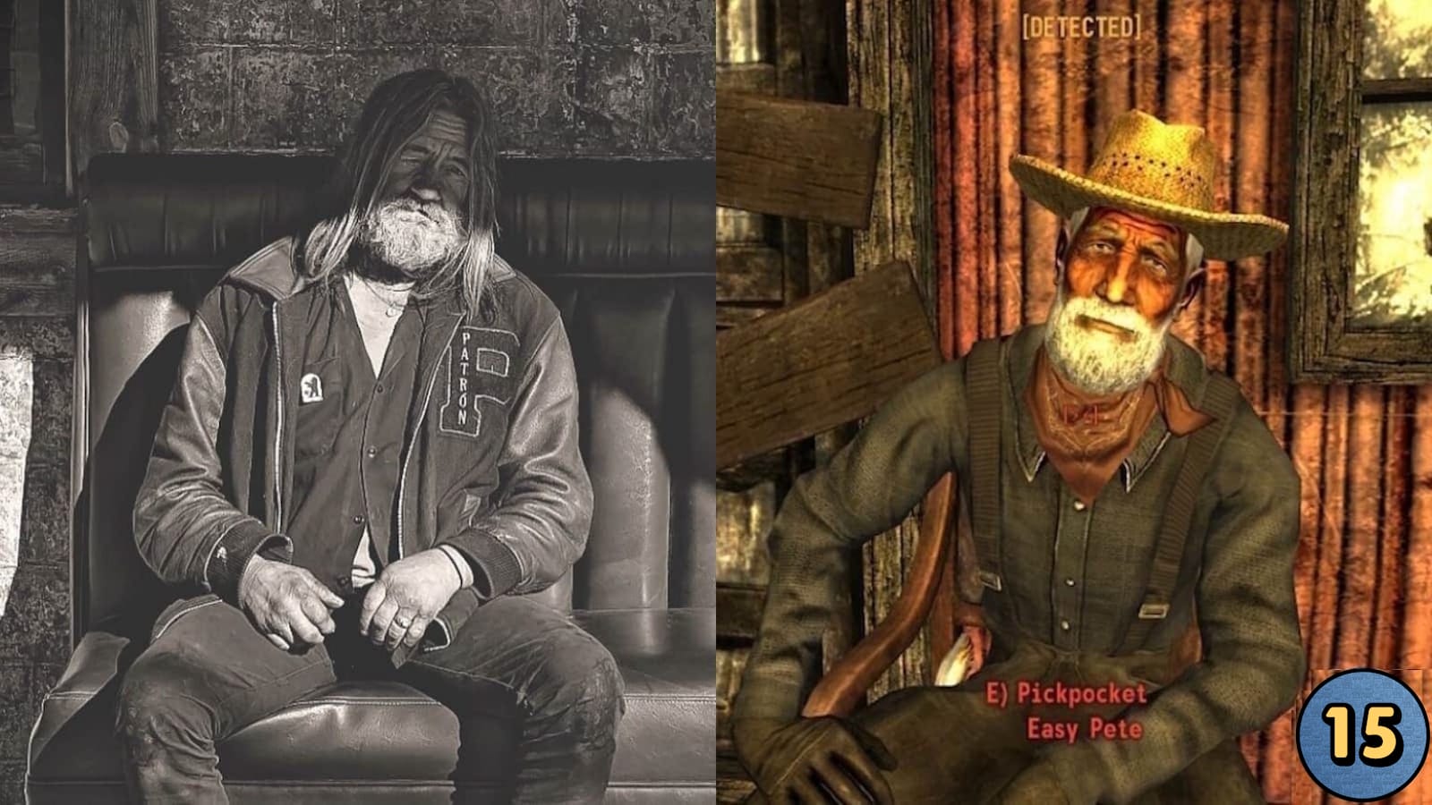 Imagem dividida em duas partes. À esquerda, foto em preto e branco de homem idoso com barba e cabelo longo sentado em banco acolchoado, usando jaqueta com patches. À direita, captura de jogo mostrando personagem barbudo com chapéu de palha sentado diante de parede de madeira.