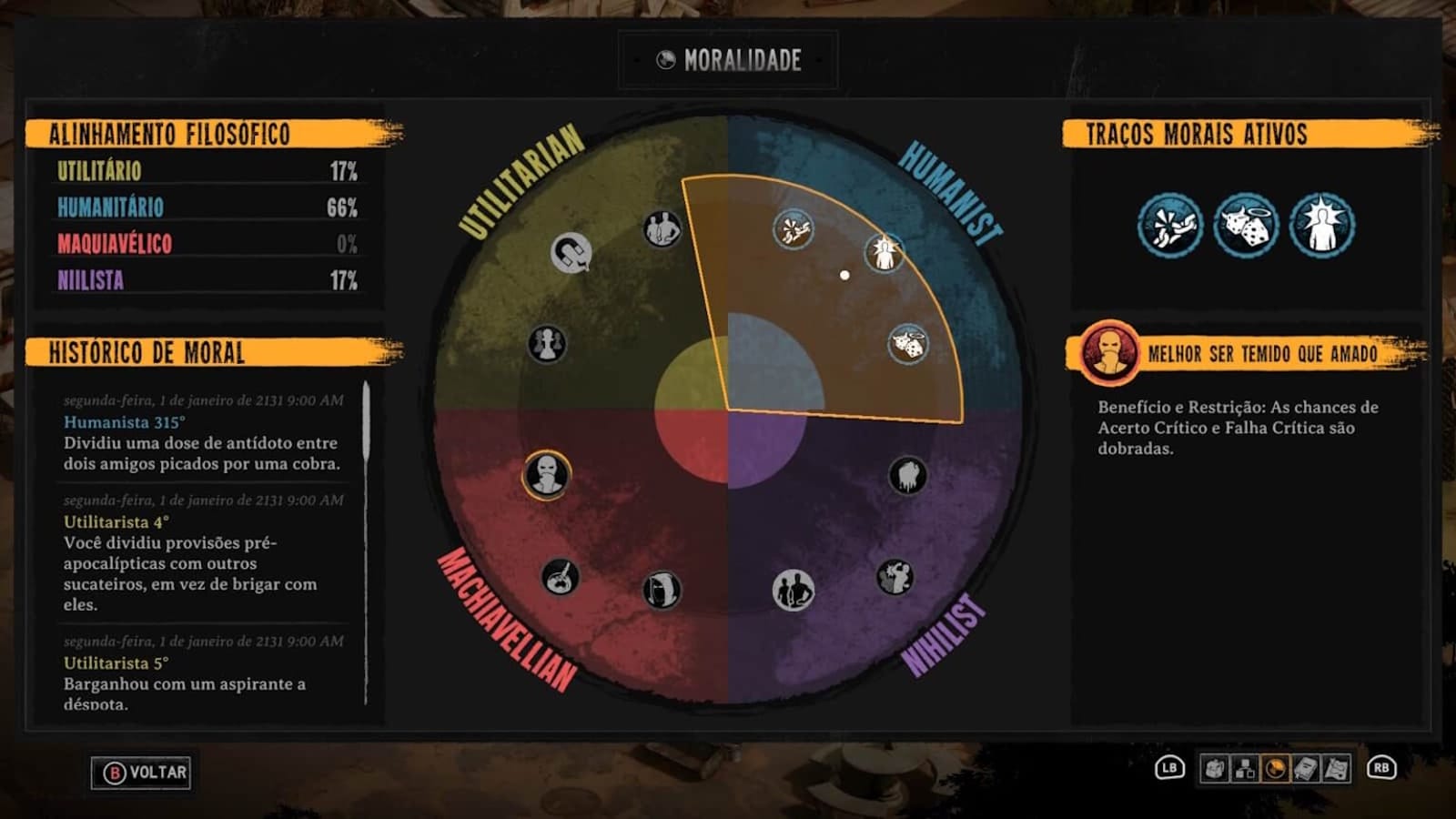 Tela de jogo exibindo círculo dividido em quatro alinhamentos: Utilitarista, Humanista, Maquiavélico e Niilista, com destaque forte em Humanista. À esquerda, lista mostra porcentagens de cada filosofia e histórico de ações.