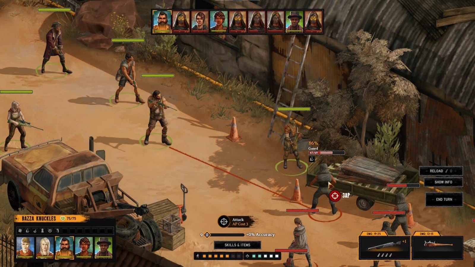 Cena de jogo tático em área desértica: quatro personagens do jogador enfrentam inimigos atrás de coberturas, com barras de vida e interface de ataque visíveis.