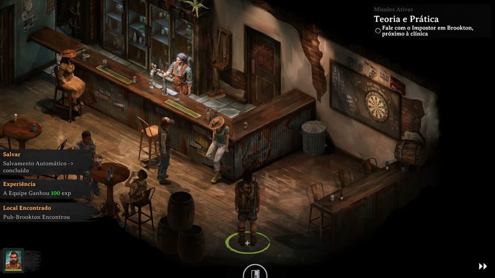 Pub rústico com balcão metálico, bartender, mesas de madeira e personagens interagindo; textos de missão e progresso aparecem na tela.