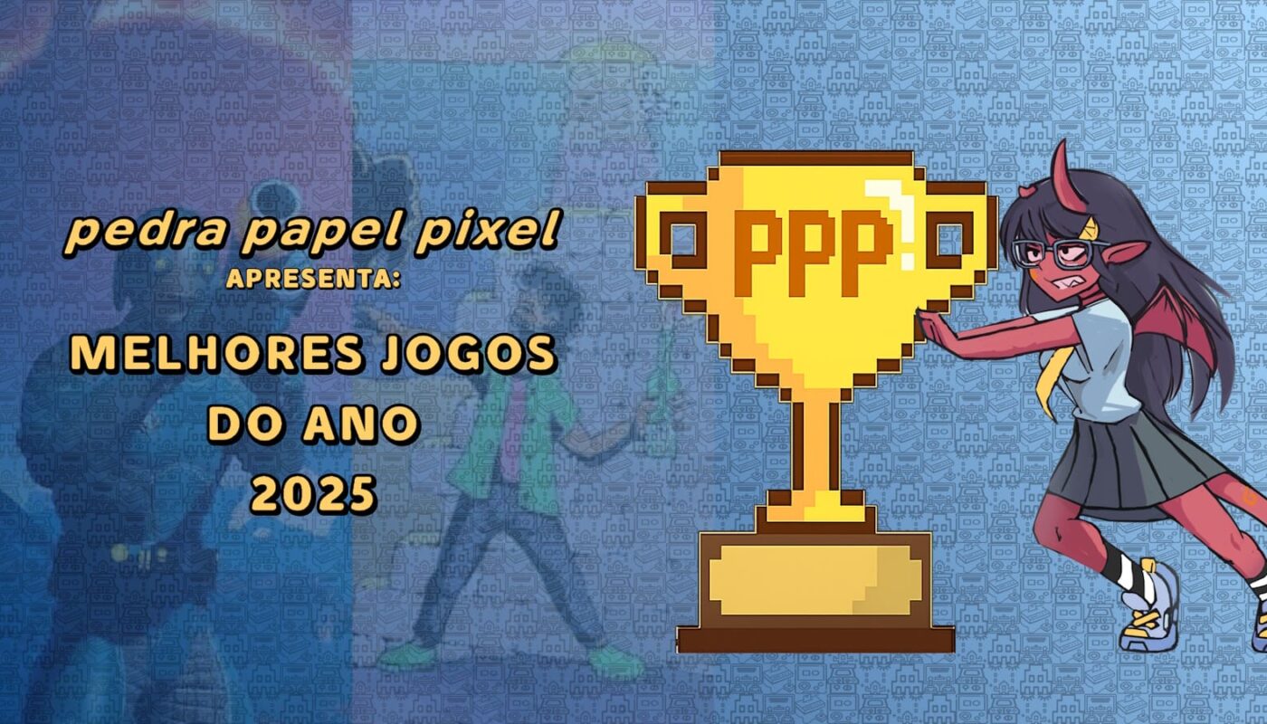 Ilustração com troféu dourado pixelado marcado ‘PPP 2025’, personagem vermelho com chifres empurrando o troféu e fundo azul com ícones pixelados.