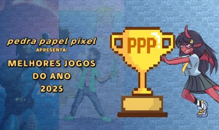 Ilustração com troféu dourado pixelado marcado ‘PPP 2025’, personagem vermelho com chifres empurrando o troféu e fundo azul com ícones pixelados.