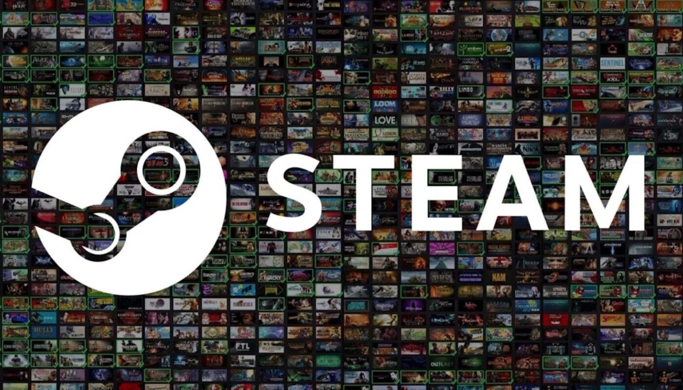 Logo da Steam em branco, com braço mecânico circular ao lado da palavra ‘STEAM’ em letras maiúsculas. O fundo é formado por várias miniaturas de capas de jogos organizadas em mosaico.