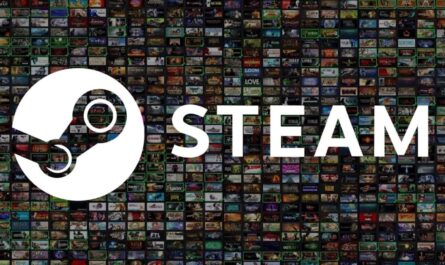 Logo da Steam em branco, com braço mecânico circular ao lado da palavra ‘STEAM’ em letras maiúsculas. O fundo é formado por várias miniaturas de capas de jogos organizadas em mosaico.