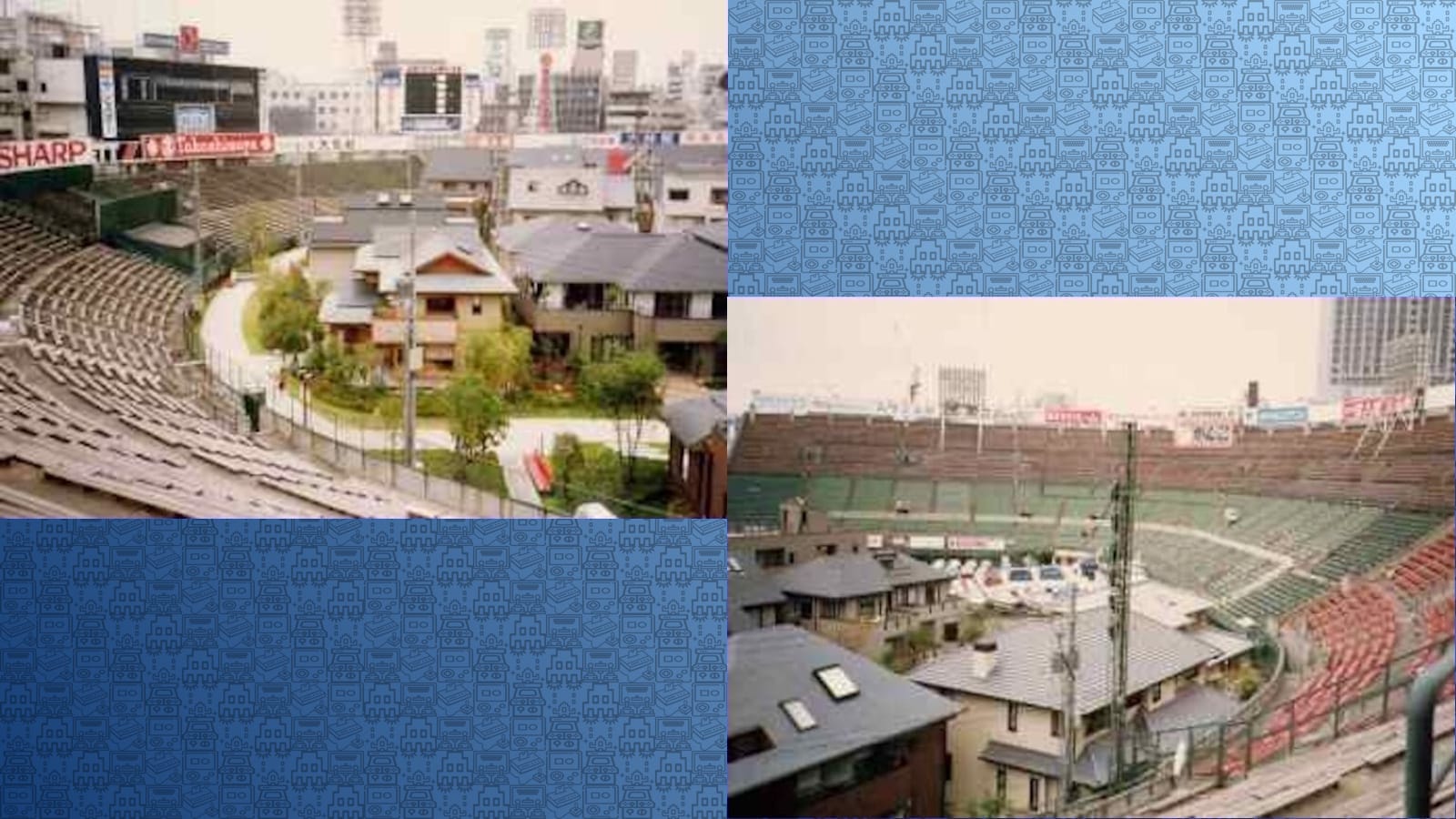 Duas fotos mostrando casas com telhados inclinados, jardins e caminhos construídos no centro de um estádio. Arquibancadas, placares e anúncios como ‘SHARP’ cercam a área residencial, criando contraste entre moradia e estrutura esportiva.