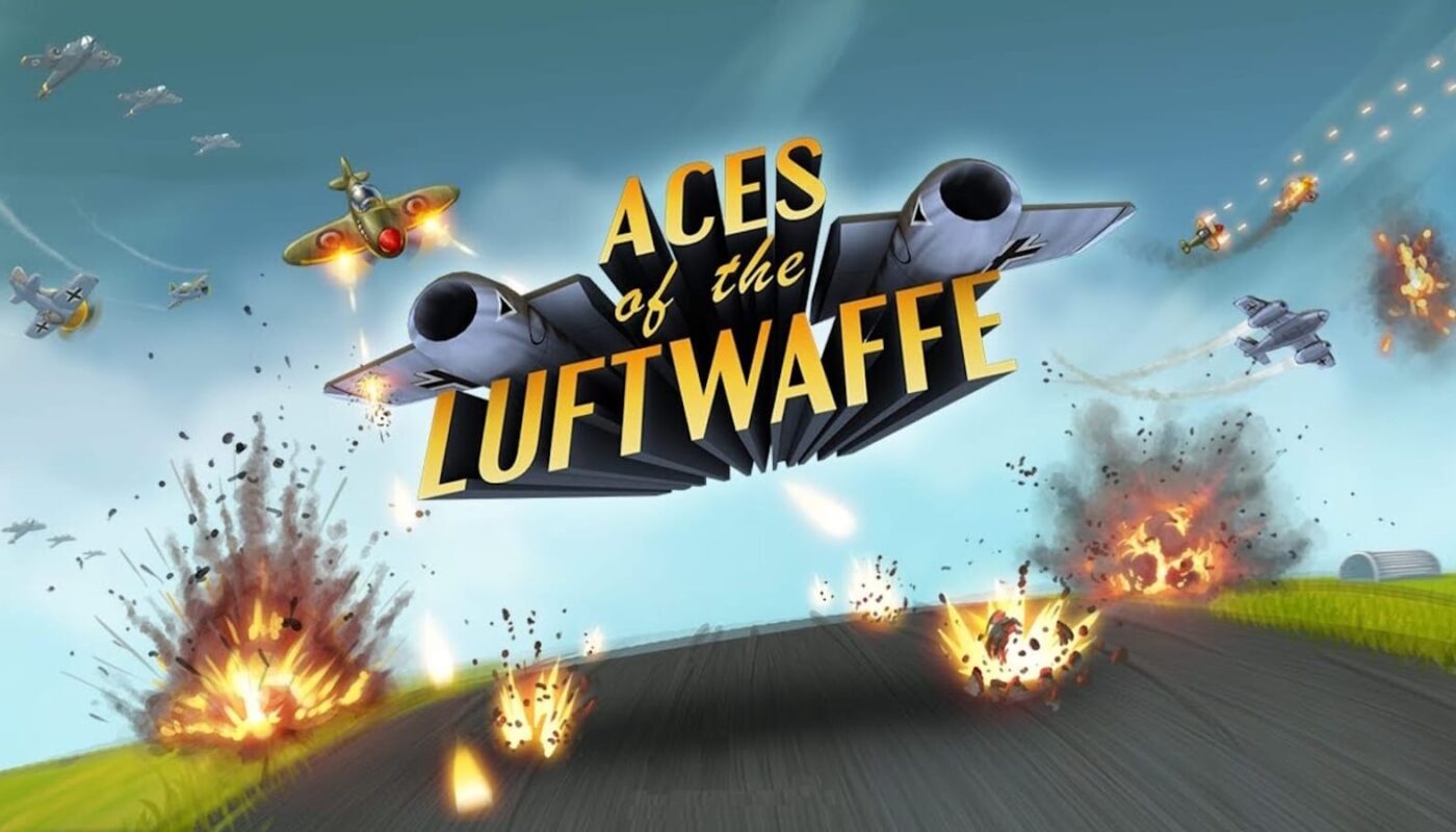 Ilustração de batalha aérea com vários aviões em combate sobre campos verdes e céu azul. Explosões aparecem no solo e no ar. Título ‘ACES of the LUFTWAFFE’ surge ao centro integrado a dois motores estilizados.