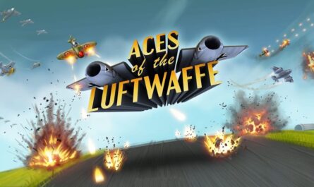 Ilustração de batalha aérea com vários aviões em combate sobre campos verdes e céu azul. Explosões aparecem no solo e no ar. Título ‘ACES of the LUFTWAFFE’ surge ao centro integrado a dois motores estilizados.