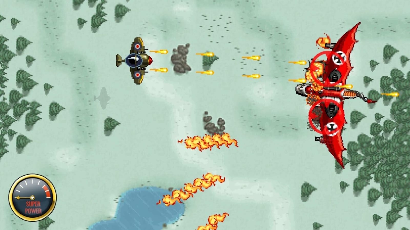 Cena em pixel art com avião escuro disparando projéteis amarelos contra aeronave vermelha maior, que explode na fuselagem. Fundo mostra área nevada com árvores e lago.