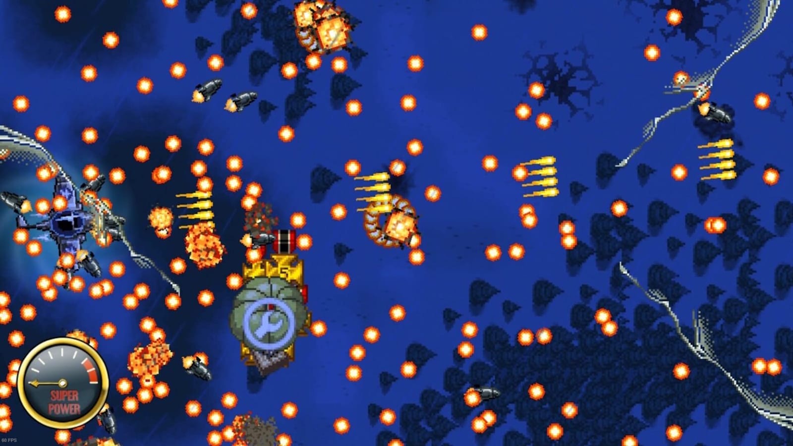 Tela de jogo em pixel art com oceano azul escuro ao fundo e grande quantidade de projéteis laranja. Inimigos mecânicos disparam mísseis e energia.