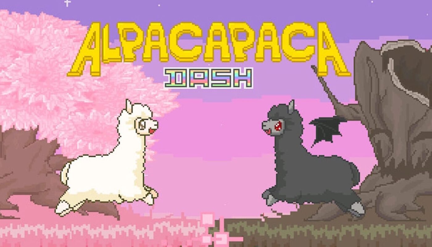Pixel art com dois alpacas frente a frente: um branco sorridente e outro cinza‑escuro com olhos vermelhos e asas. Fundo com árvore rosa à esquerda, árvore seca à direita e céu em tons de rosa e roxo. Texto grande ‘Alpacapaca’ e abaixo ‘Dash’.