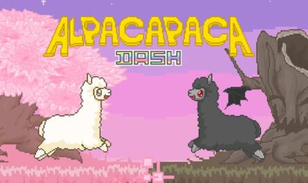 Pixel art com dois alpacas frente a frente: um branco sorridente e outro cinza‑escuro com olhos vermelhos e asas. Fundo com árvore rosa à esquerda, árvore seca à direita e céu em tons de rosa e roxo. Texto grande ‘Alpacapaca’ e abaixo ‘Dash’.