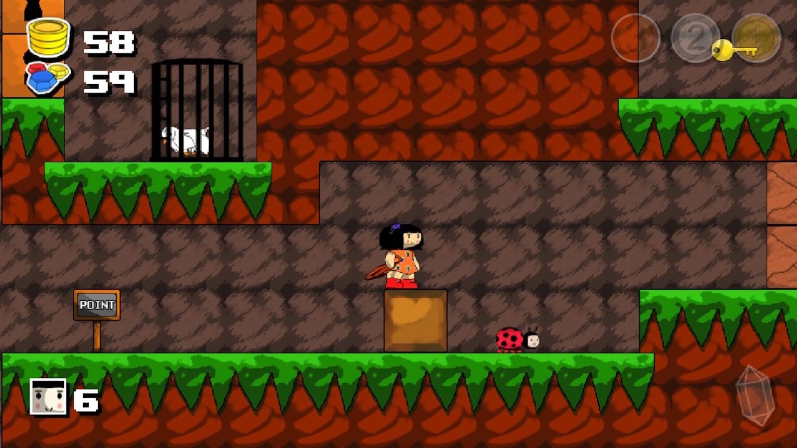 Pixel art com personagem de vestido laranja sobre bloco marrom. À direita, criatura vermelha semelhante a joaninha. Plataforma superior tem pássaro branco preso em gaiola. Contadores de itens no topo e chave amarela à direita.
