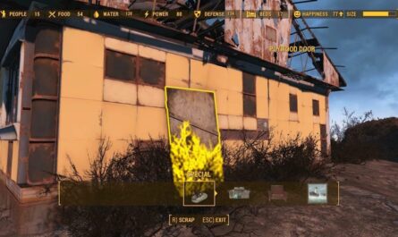 Captura de tela do modo de construção de Fallout 4 mostrando estrutura metálica enferrujada com porta de madeira destacada em amarelo.