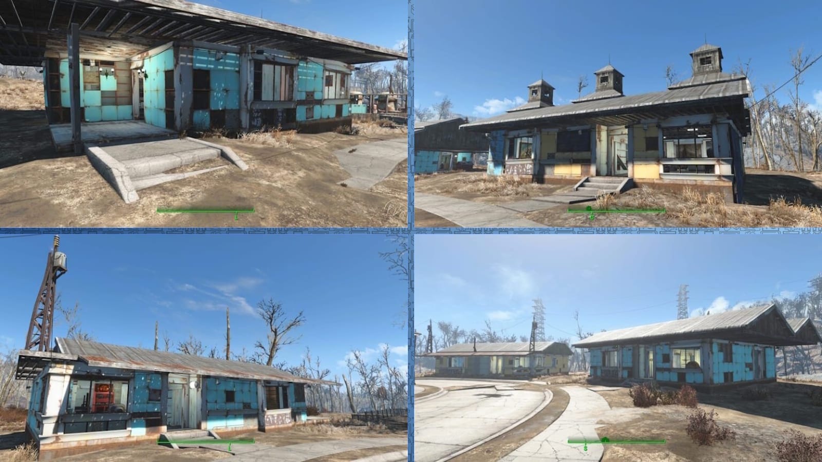 Colagem com quatro capturas de tela mostrando casas pré‑fabricadas danificadas, com telhados enferrujados, pintura descascada e janelas quebradas. Vegetação seca, pavimento rachado e árvores sem folhas sob céu azul.
