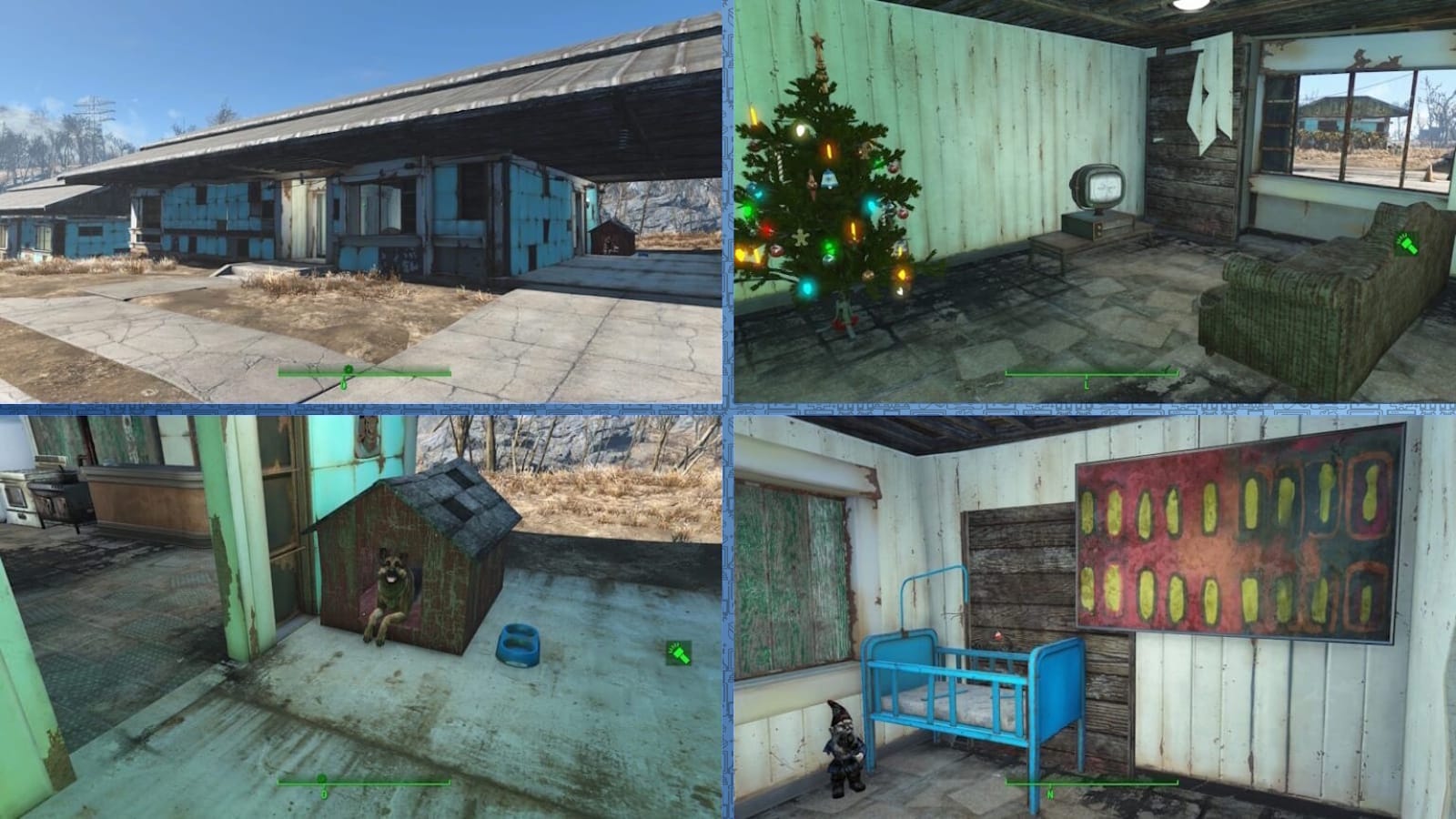 Colagem com quatro cenas de Fallout 4: casa azul deteriorada com paredes enferrujadas; sala com árvore de Natal, TV antiga e sofá gasto; cachorro sentado em casinha vermelha ao lado de tigela azul; quarto infantil com berço azul, quadro colorido e gnomo no chão.