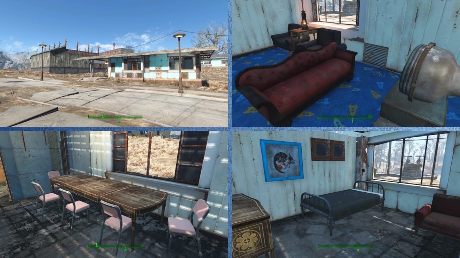 Quatro imagens de Fallout 4: exterior de prédio abandonado com postes enferrujados; sala com sofá vermelho, mesa e tapete azul com desenhos; área de jantar com mesa longa e cadeiras rosas diante de janelas; quarto com cama metálica, mesa de cabeceira, sofá vermelho e quadro de gato.