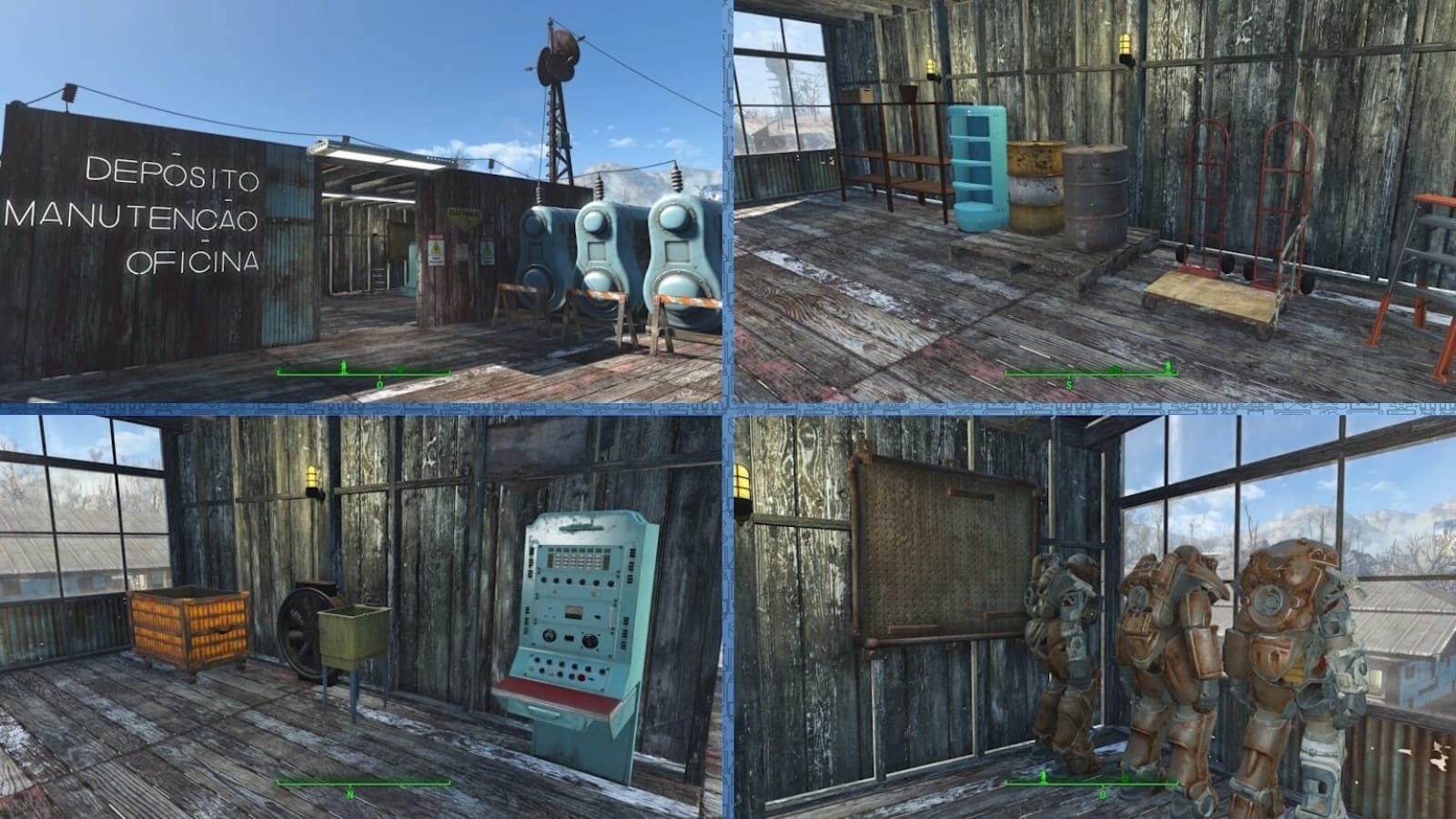 “Colagem mostrando depósito de manutenção em Fallout 4: fachada com texto e máquinas industriais; interior com prateleiras, barris e carrinhos; canto com caixa, pia verde e roda mecânica; área com quadro na parede e três armaduras de poder alinhadas.