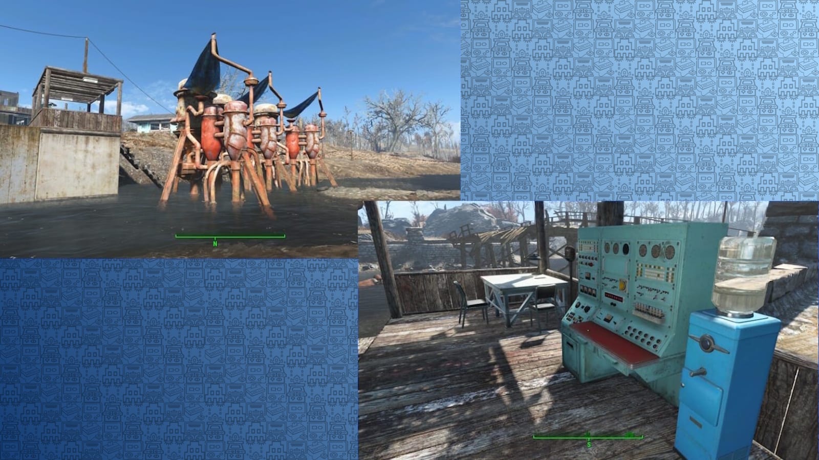 Duas cenas de Fallout 4: fileira de purificadores industriais instalados em lago próximo a estrutura de madeira; deck com mesa, cadeiras e console antigo ao lado de bebedouro, compondo área de assentamento.