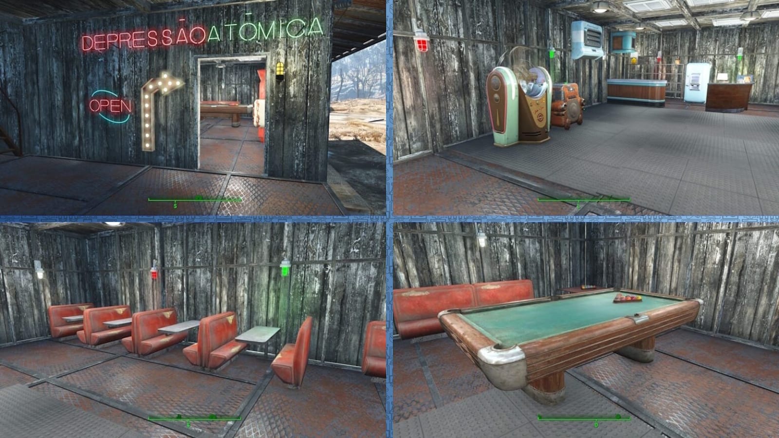 Colagem com quatro cenas de interior estilo diner em ambiente pós‑apocalíptico: letreiro neon ‘Depressão Atômica’ com placas ‘OPEN’ e seta; balcão com jukebox, geladeira e móveis retrô; fileira de cabines vermelhas com mesas metálicas; mesa de sinuca cercada por sofás vermelhos.