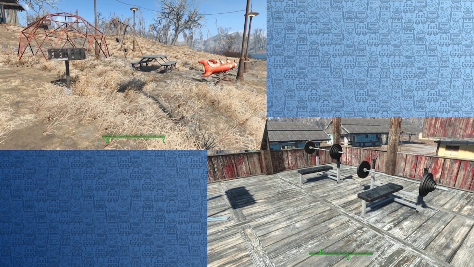 Duas cenas de Fallout 4: playground externo com grama seca, trepa‑trepa vermelho, mesa de piquenique, gangorra em forma de foguete e balanços; área de academia no topo de estrutura com dois bancos de supino, barras e piso de madeira desgastado cercado por cerca vermelha.