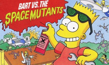 Ilustração de Bart Simpson segurando uma lata de spray e uma chave inglesa, usando óculos com espirais verdes. Ao fundo há uma usina nuclear com explosões verdes e vários alienígenas roxos de um olho só. No canto superior direito, Homer Simpson é abduzido por um disco voador. O topo traz o título ‘Bart vs. the Space Mutants’.