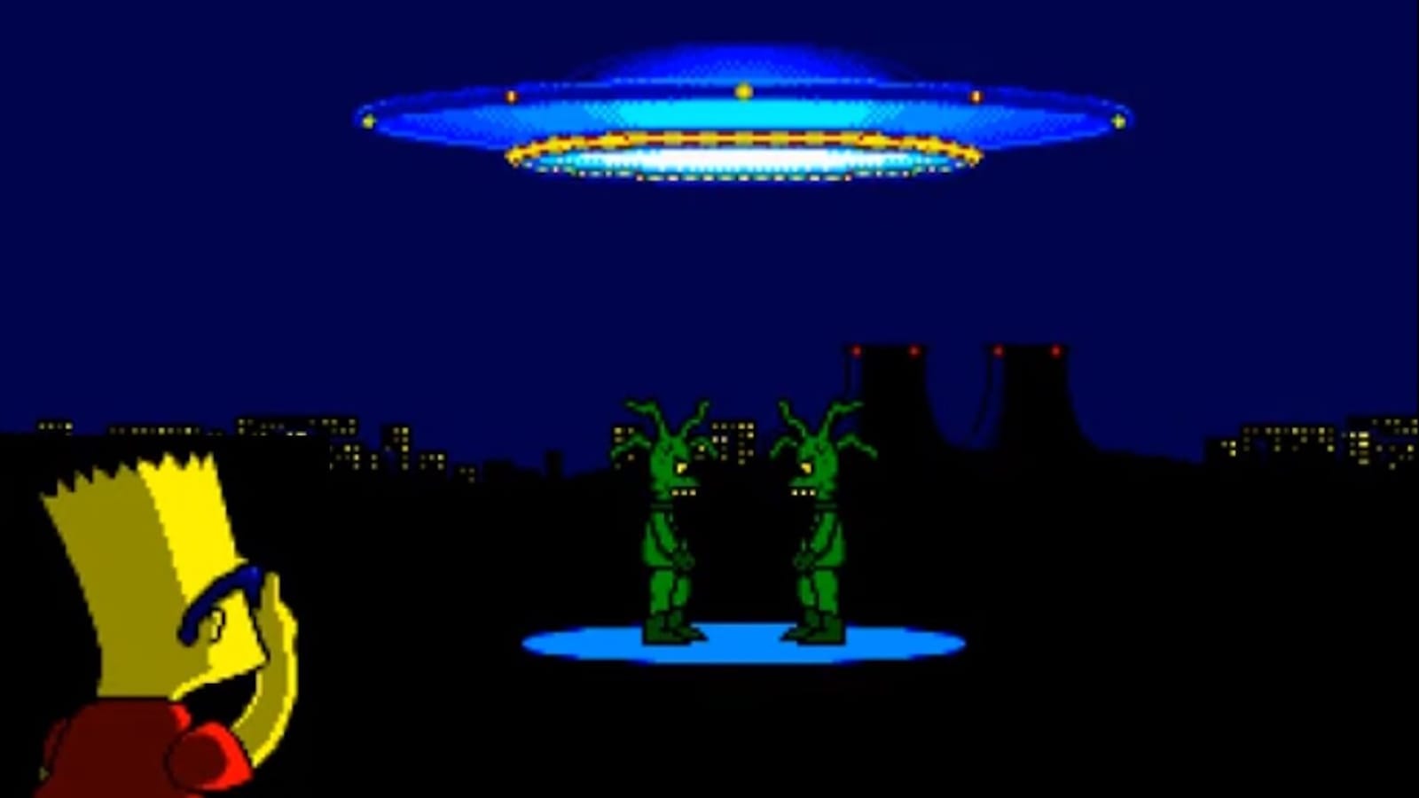 Cena noturna em pixel‑art com Bart Simpson à esquerda olhando para dois alienígenas verdes sob um disco voador azul que projeta luz no chão. Ao fundo há prédios escuros com janelas iluminadas e duas torres de resfriamento.