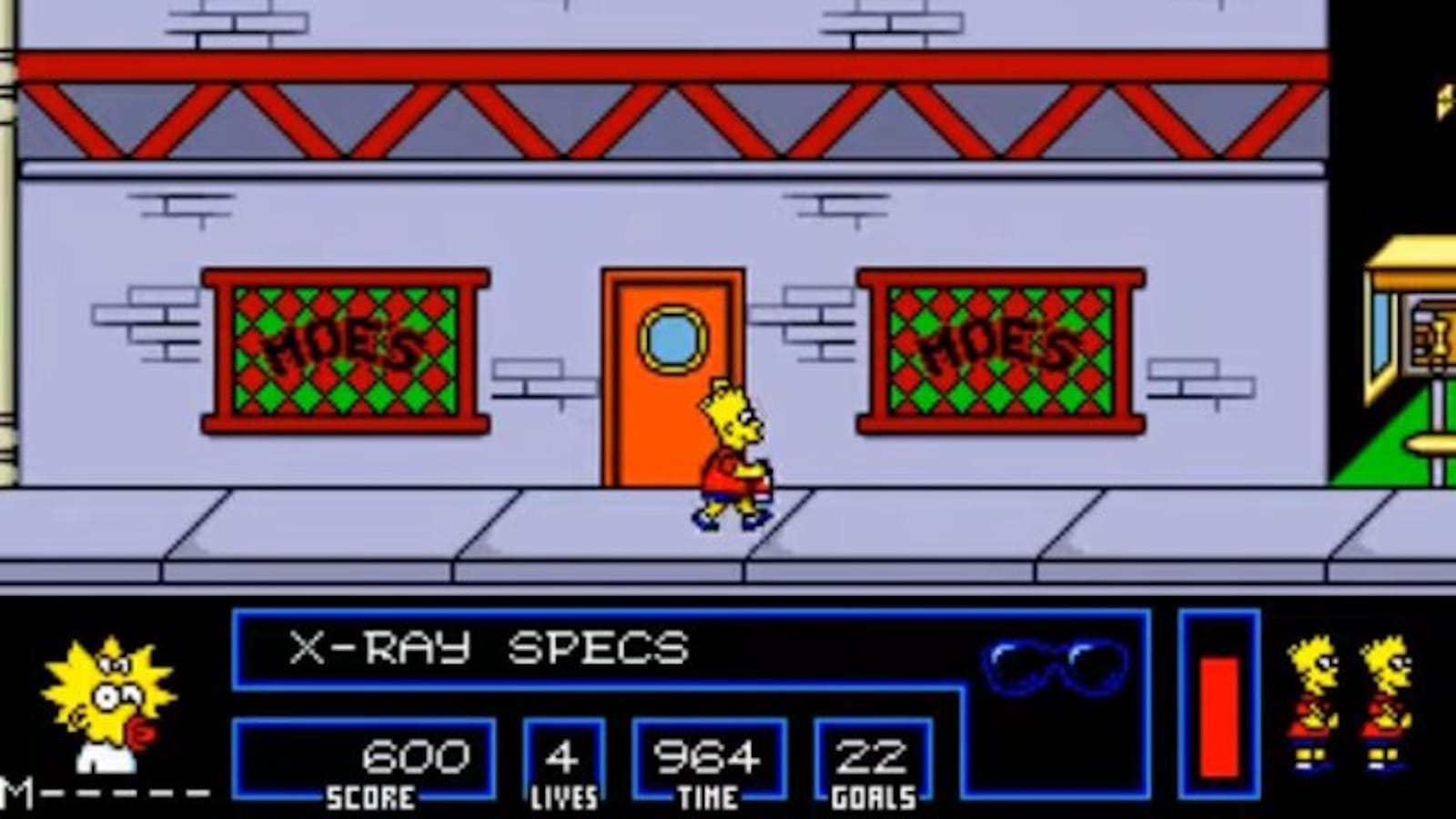 Cena de jogo retrô com Bart Simpson caminhando diante do Bar do Moe, identificado por janelas com padrão verde e vermelho e porta laranja.