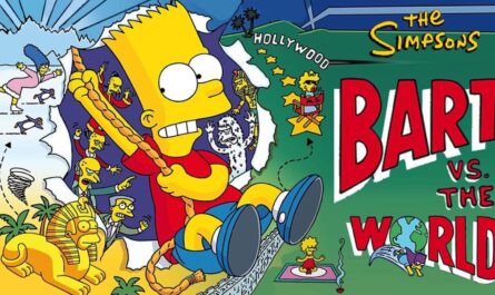 Ilustração com Bart Simpson balançando em uma corda sobre cenas de diferentes partes do mundo. À esquerda há montanhas geladas com Marge patinando e pinguins; abaixo, uma esfinge com rosto de Homer. Atrás de Bart, vários personagens o perseguem. À direita, Lisa aparece em Hollywood numa cadeira de diretora e também meditando em um tapete voador. O título ‘Bart vs. the World’ aparece no topo.
