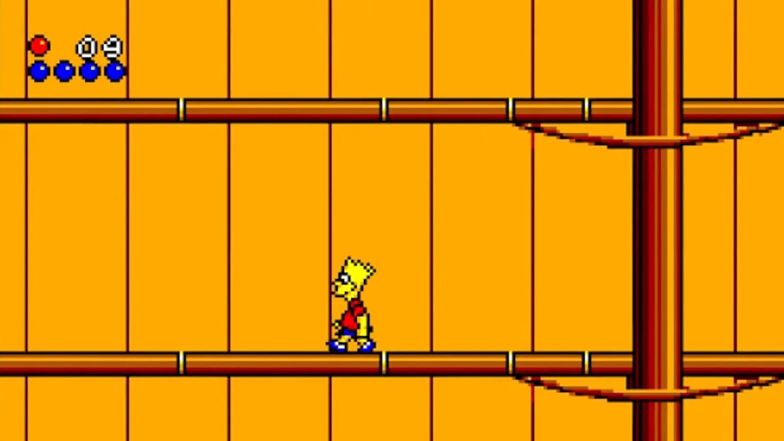 Cena em pixel‑art com Bart Simpson em pé sobre uma plataforma de madeira diante de fundo laranja.