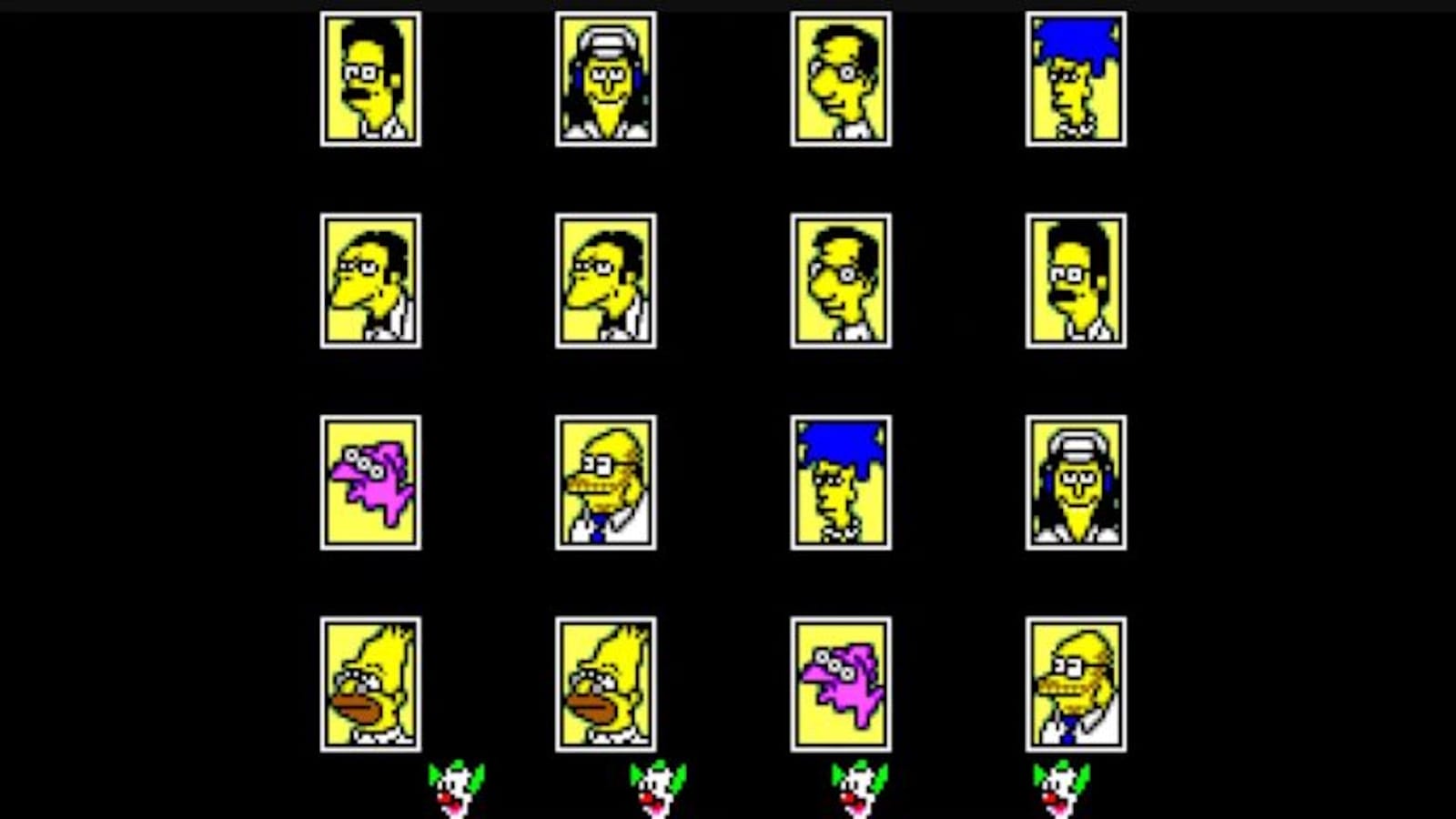 Grade de retratos pixelizados com personagens dos Simpsons em molduras amarelas sobre fundo preto. Entre eles aparecem Homer, Marge, Flanders, Burns e um peixe rosa de três olhos. Na parte inferior há pequenos ícones da cabeça do Krusty.