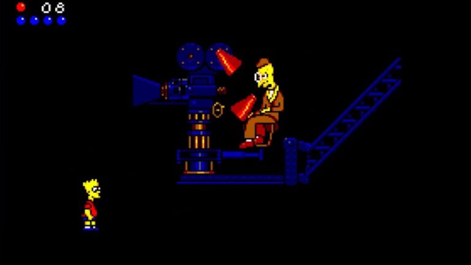 Cena em pixel‑art com Bart Simpson à esquerda e, à direita, um personagem amarelo sentado sobre uma grande câmera azul montada em guindaste, segurando dois megafones vermelhos. O fundo é totalmente preto.