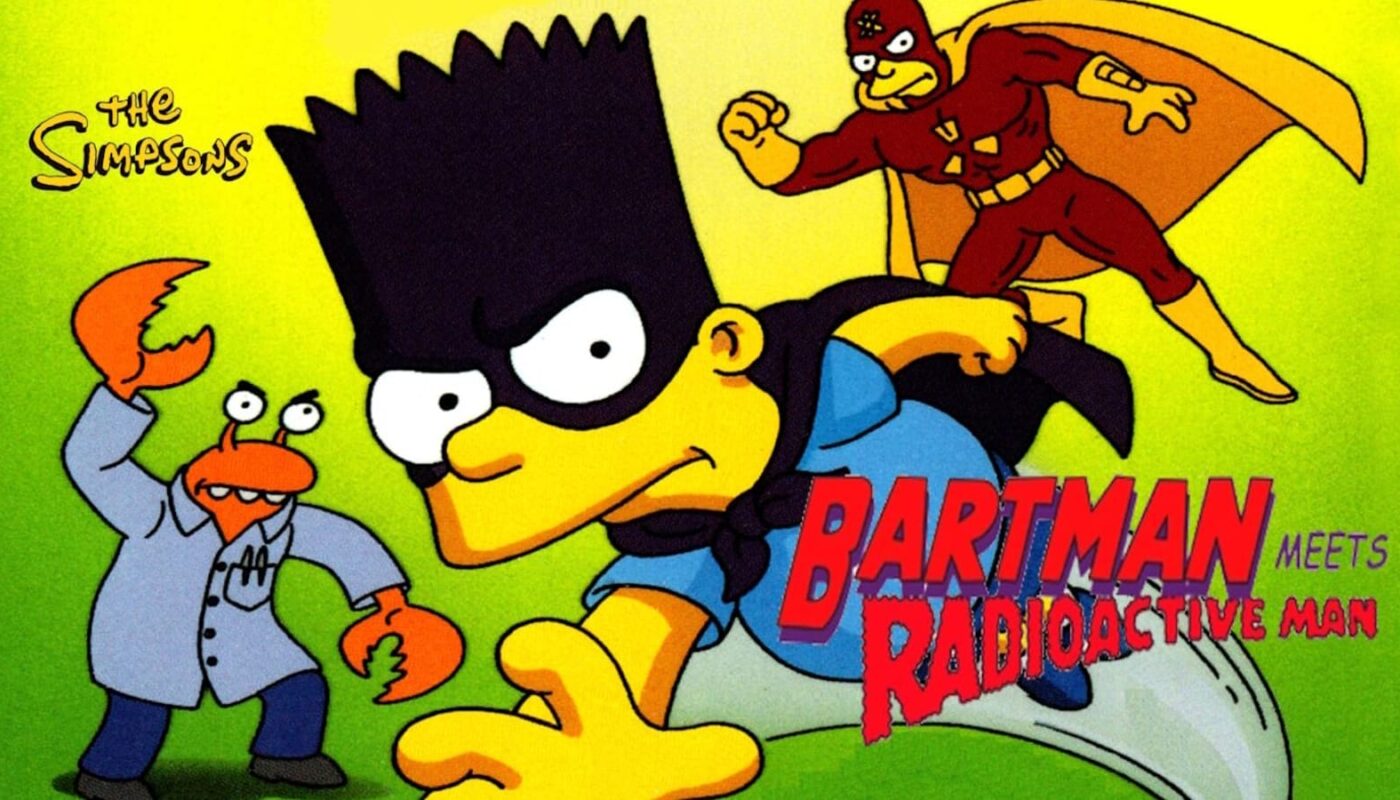 Ilustração com Bart Simpson vestido como Bartman, usando máscara preta, luvas amarelas e capa azul. Atrás dele está Radioactive Man em traje vermelho com capa amarela. À esquerda aparece um vilão com aparência de caranguejo usando jaleco. O fundo é verde e amarelo, com o título ‘Bartman Meets Radioactive Man’ no topo.