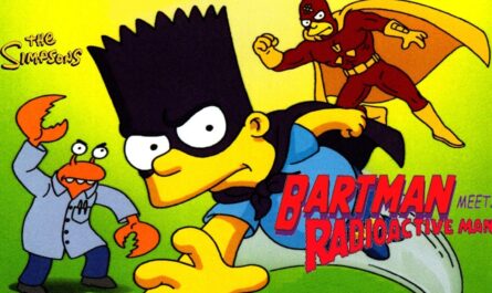 Ilustração com Bart Simpson vestido como Bartman, usando máscara preta, luvas amarelas e capa azul. Atrás dele está Radioactive Man em traje vermelho com capa amarela. À esquerda aparece um vilão com aparência de caranguejo usando jaleco. O fundo é verde e amarelo, com o título ‘Bartman Meets Radioactive Man’ no topo.