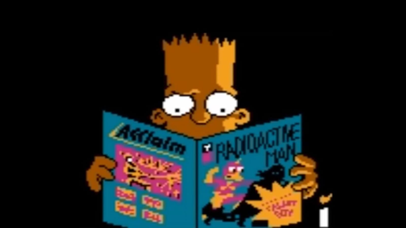 Bart lê uma revista em quadrinhos com capa colorida mostrando ‘Radioactive Man’ e um herói menor chamado ‘Night Boy’. A palavra ‘Acclaim’ aparece no topo da capa. O fundo é totalmente preto.