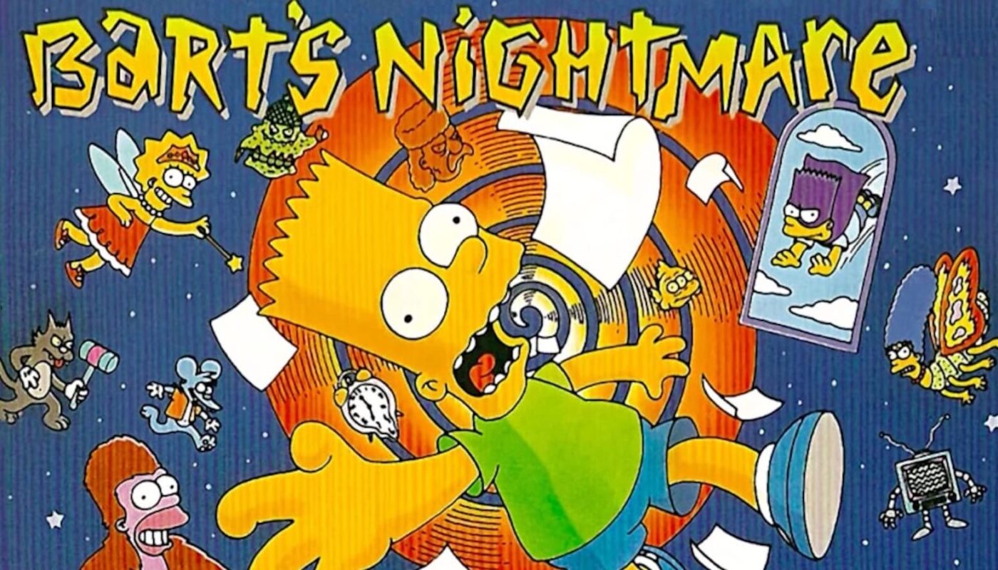 Ilustração com Bart Simpson caindo em um redemoinho cercado por papéis voando. Ao redor dele aparecem versões fantásticas de personagens dos Simpsons, como Lisa fada, Marge borboleta, Maggie voando, um gato e uma TV com pernas. O fundo é azul escuro com estrelas e o título ‘Bart’s Nightmare’ no topo.