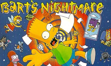 Ilustração com Bart Simpson caindo em um redemoinho cercado por papéis voando. Ao redor dele aparecem versões fantásticas de personagens dos Simpsons, como Lisa fada, Marge borboleta, Maggie voando, um gato e uma TV com pernas. O fundo é azul escuro com estrelas e o título ‘Bart’s Nightmare’ no topo.