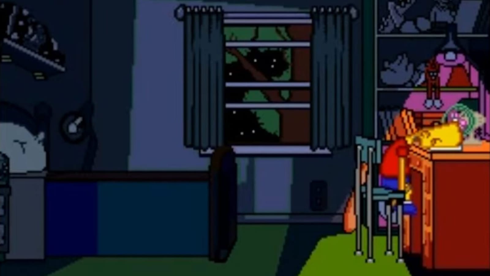 Cena em pixel‑art mostrando um quarto com mesa, lâmpada, prateleiras com livros e brinquedos. Bart dorme com a cabeça apoiada na mesa.