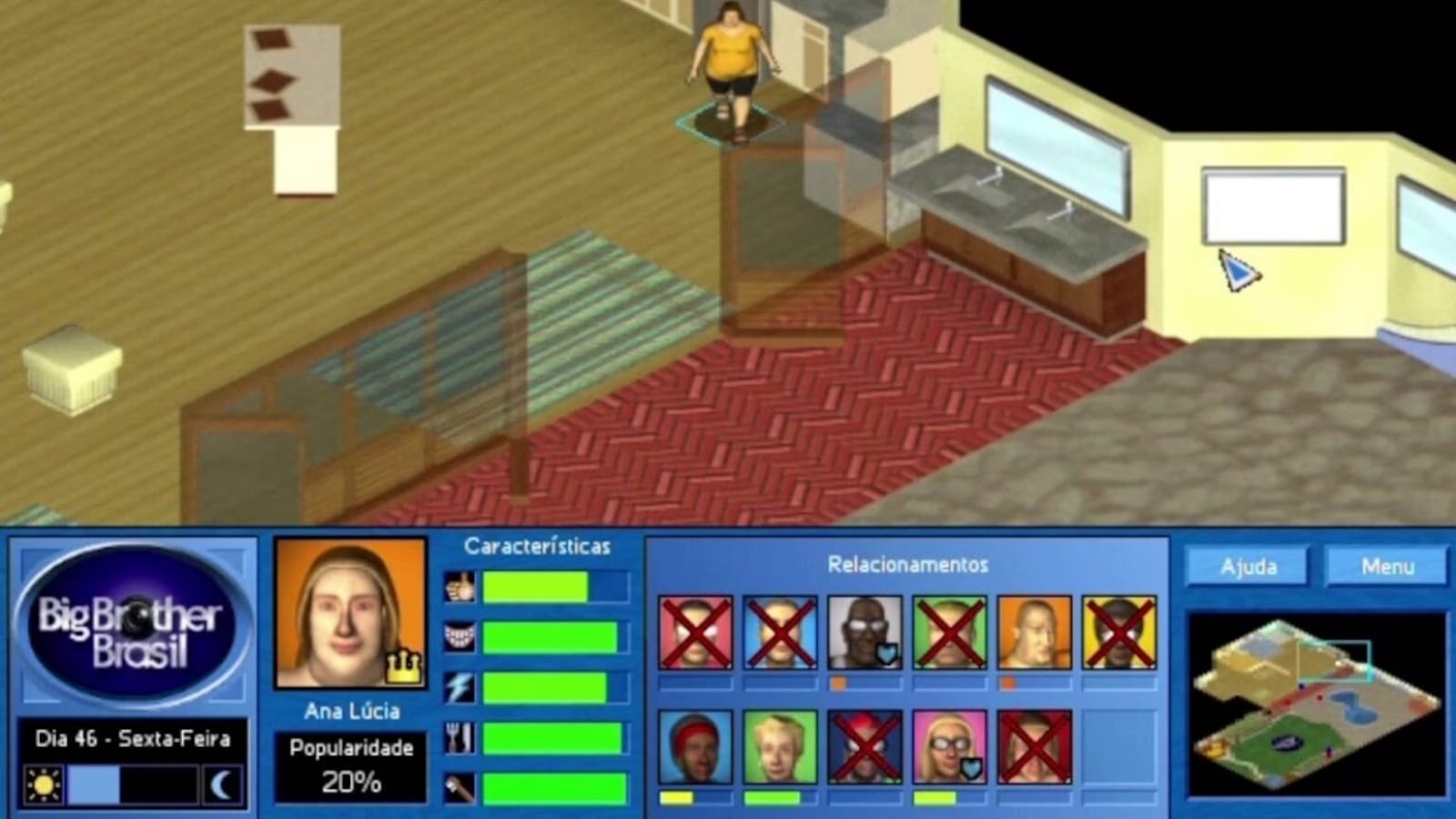 Cena de jogo com ambiente interno de casa, piso de madeira e azulejo, móveis e personagem caminhando.