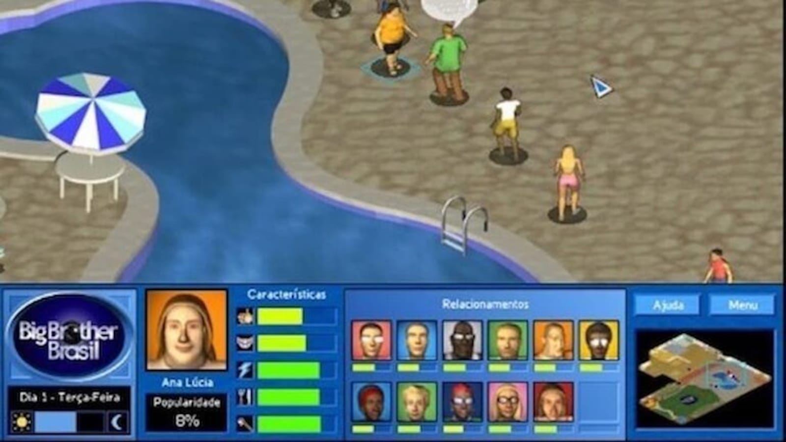 Cena de jogo com personagens em volta de piscina, mesa com guarda‑sol azul e branco e interface exibindo logo ‘Big Brother Brasil’, ‘Dia 1 – Terça‑Feira’, perfil de Ana Lúcia com popularidade de 8%, barras de características e relacionamentos. Botões de Ajuda, Menu e mapa aparecem à direita.