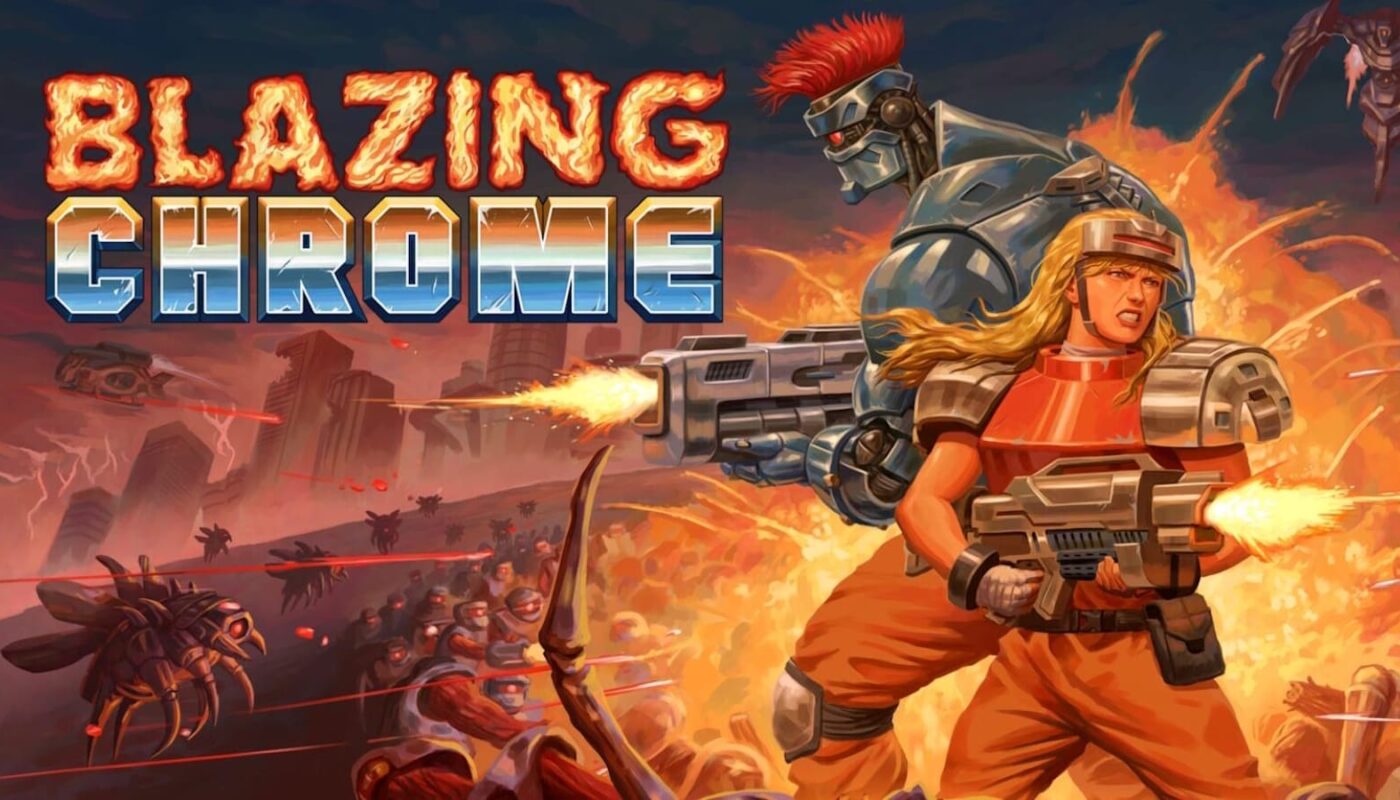 Ilustração de ação com título ‘Blazing Chrome’ em letras metálicas. Abaixo, personagem humanoide robótico de armadura azul e moicano vermelho luta ao lado de figura loira em armadura laranja disparando arma futurista. Fundo com explosões, inimigos robóticos e cenário caótico.